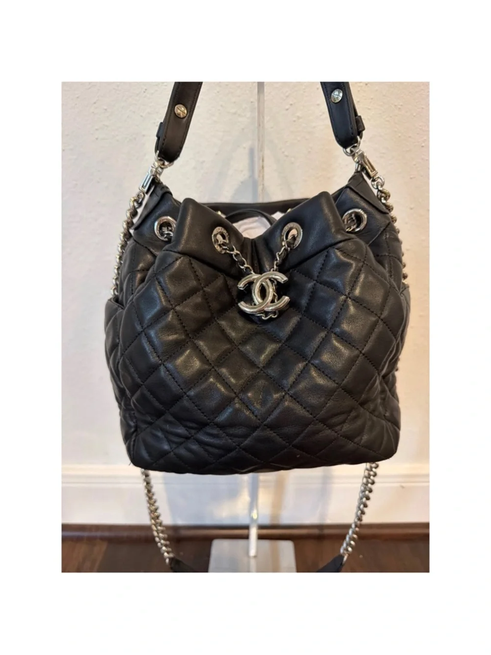 CHANEL Black Quilted Leather Bucket Hobo with Chain Strap